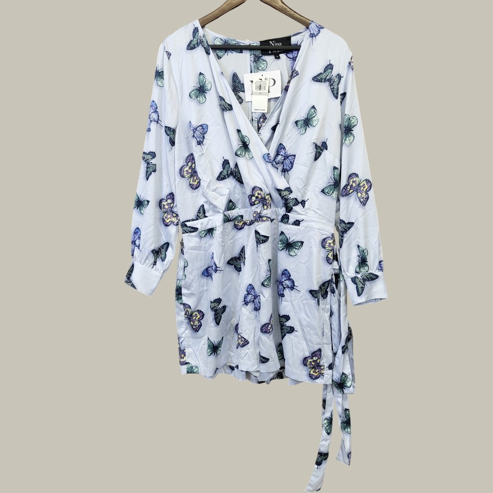Nina Parker Romper Womens 1X Blue New Butterfly Print Wrap Front Long Sleeve